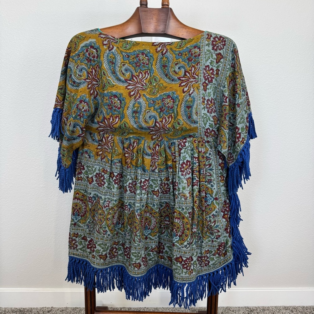 Boho Paisley Fringe Tunic Dress Festival Hippie Folk Kimono Tassel Mini OS - Picture 6 of 12